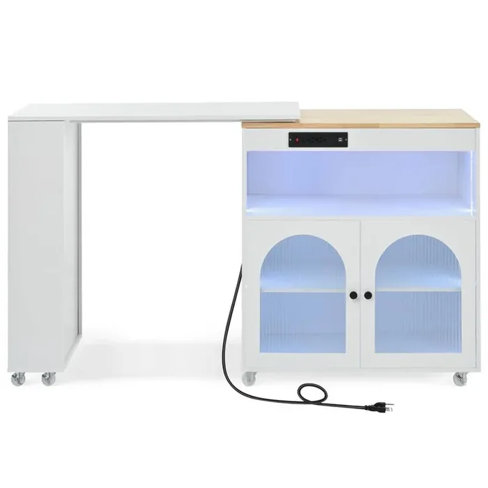 White Rubber Wood Kitchen Cart with Extended Table, LED Lights, 2 Fluted Glass Doors and Power Outlets