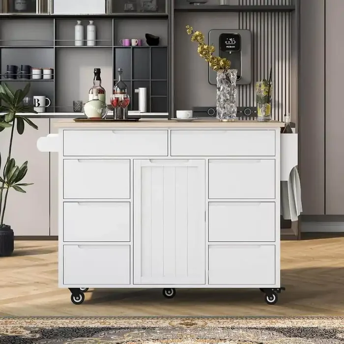White Rubber Wood Kitchen Cart with Spice Rack and Towel Rack