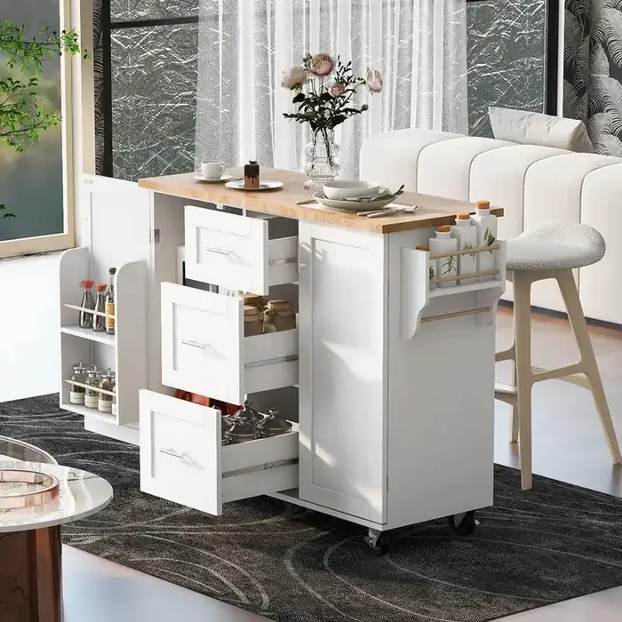 White Rubber Wood Kitchen Cart with Spice Rack and Towel Rack
