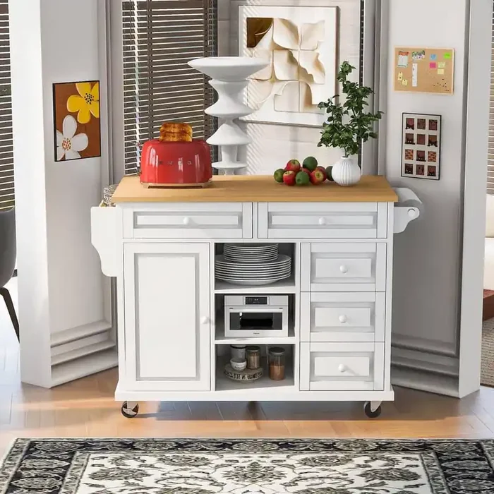 White Rubber Wood Kitchen Cart with Spice Rack and Towel Rack