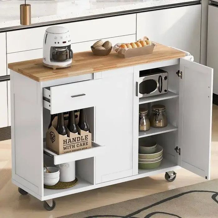 White Rubber wood Kitchen Cart with Towel Rack and Drawer