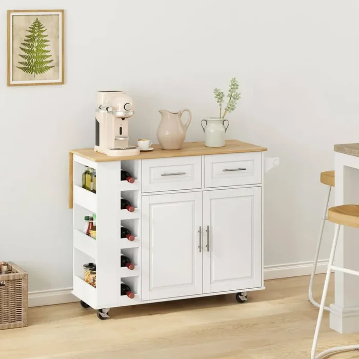 White Rubber Wood Kitchen Cart with Wine Rack, and Foldable Table Top