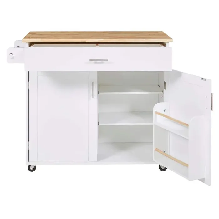 White Rubber Wood MDF Kitchen Cart with Cabinet Door Internal Storage Racks and Locking Wheels