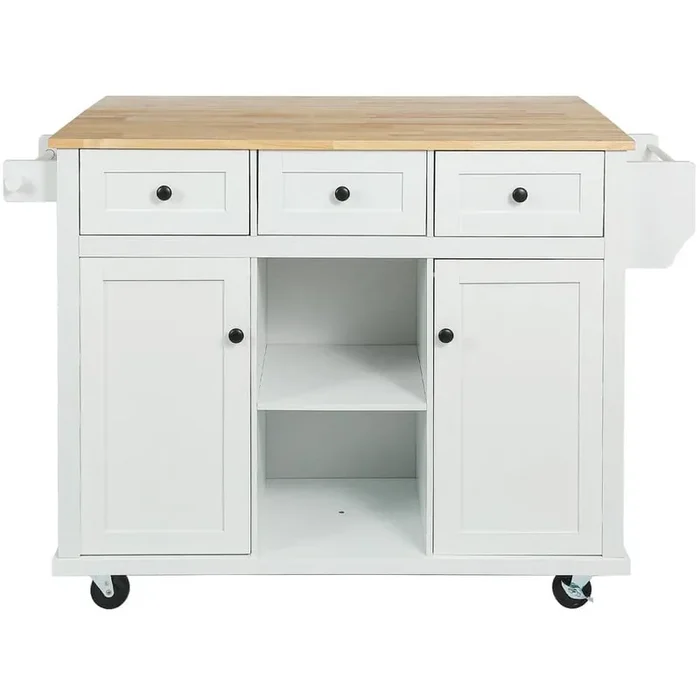 White Rubber Wood MDF Kitchen Cart with Drop-Leaf Countertop and Cabinet Door Internal Storage Racks