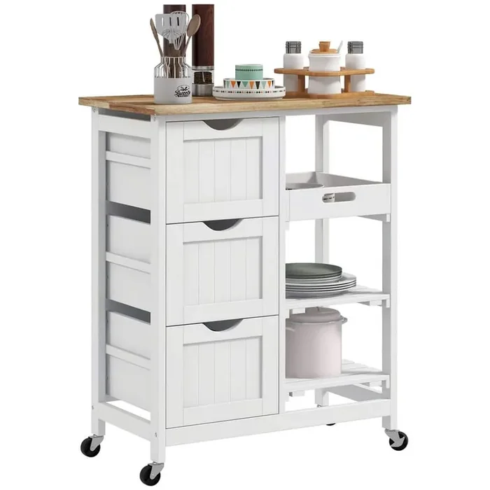 White Rubber Wood Top 26. 5 in. Kitchen Island Cart with Chopping Board, Removable Trays, Easy Mobility