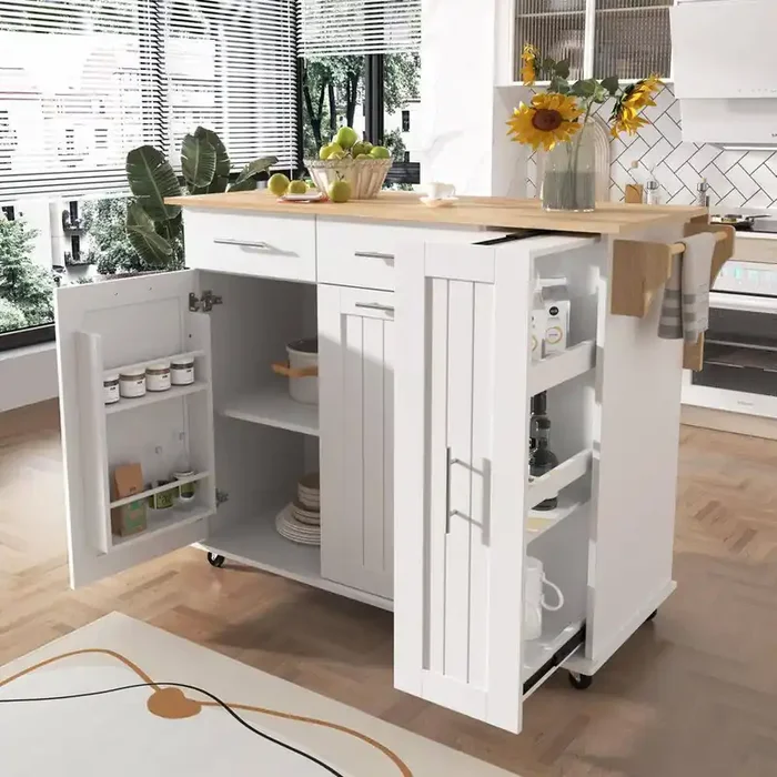 White Rubber Wood Top 46 in. Kitchen Island with 3-Tier Pull Out Cabinet Organizer, Drop Leaf and Internal Storage Rack