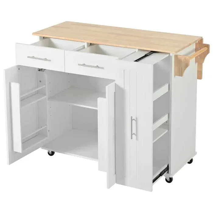 White Rubber Wood Top 46 in. Rolling Kitchen Island Cart with 3 Tier Pull Out Cabinet Organizer and 2 Drawers
