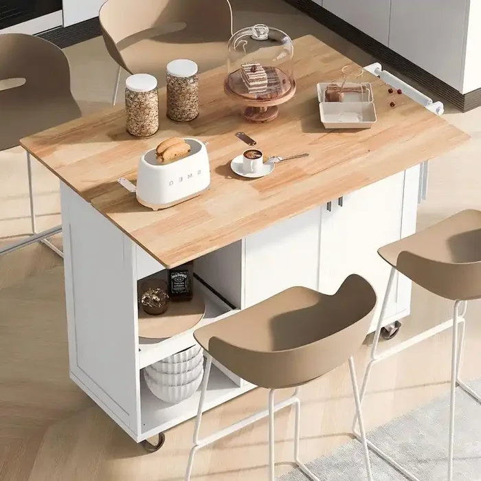 White Rubber Wood Top 49.02 in. Kitchen Island with Foldable Counter Top, Slide-Out Shelf and Drawer