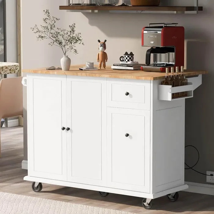 White Rubber Wood Top Kitchen Cart 3-Tier Pull Out Cabinet Organizer, Spice Rack Towel Rack