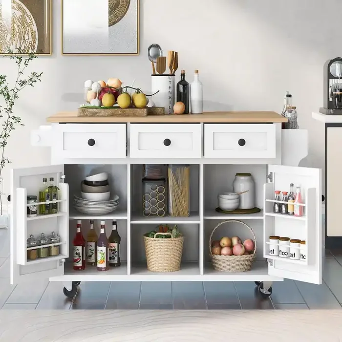 White Rubber wood Top Rolling 53.10 in. W Kitchen Island with 5-Wheels and 3-Drawers
