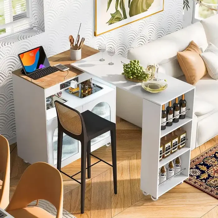 White Rubberwood 33.2 in. Kitchen Island with Extended Table LED Lights Power Outlets 2 Fluted Glass Doors Open Shelve