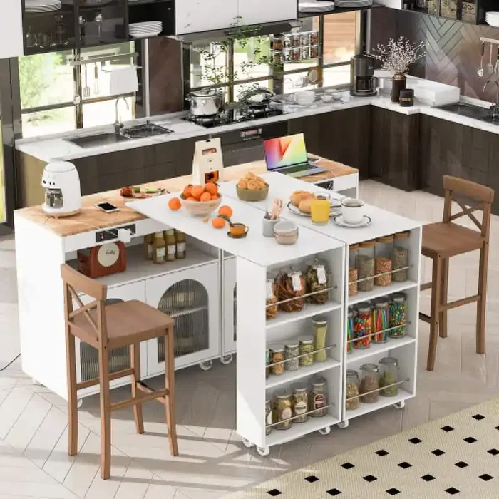 White Rubberwood 56.3 in. W LED Kitchen Island on Wheels with Extended Table, Power Outlets and 2-Fluted Glass Doors