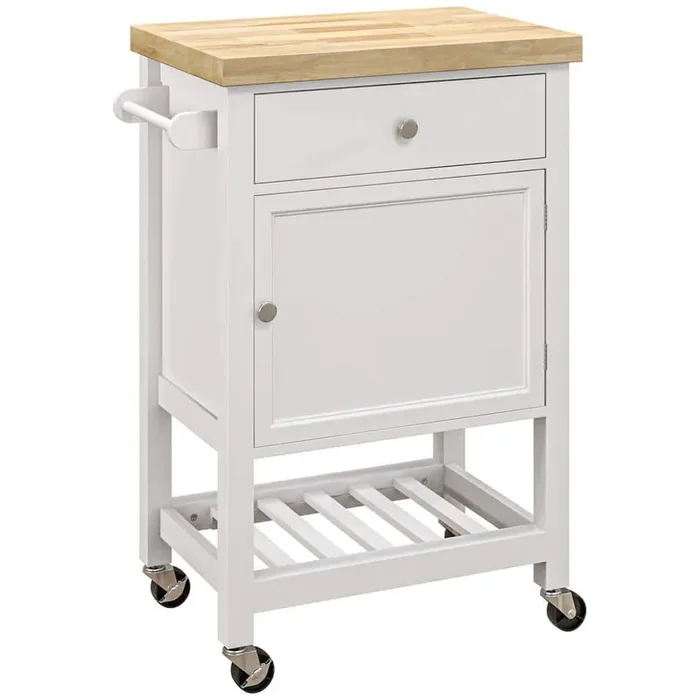 White Rubberwood Kitchen Cart with Drawer and Storage Cabinet