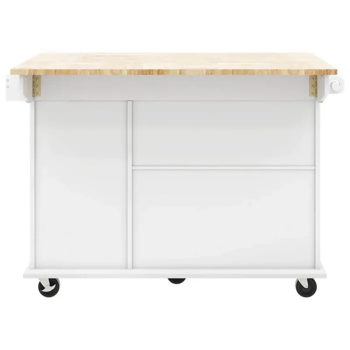 White Rubberwood Kitchen Cart with Drop Leaf, Internal Storage Rack, and 2 Drawers