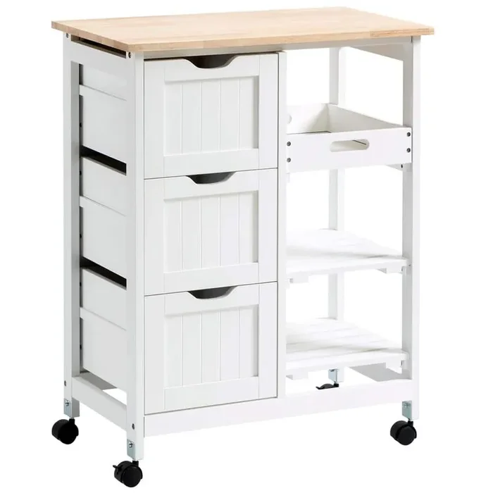 White Rubberwood Top Kitchen Cart with Drawer Storage and Shelves