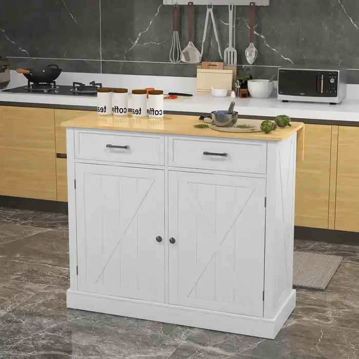 White Smooth Rubber Wood Top 23.5 in. Kitchen Island with 2 Door Cabinet and 2 Drawers