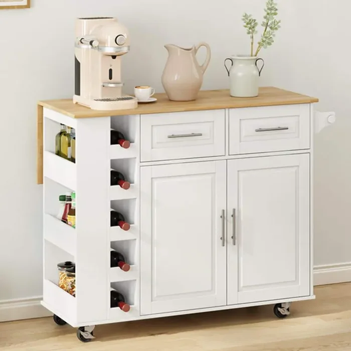 White Solid Rubber Wood Top 16.93 in. Kitchen Island Cart with 2 Door Cabinet and 2 Drawers