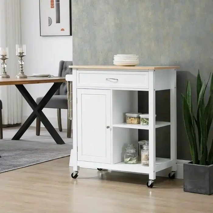 White Solid Rubber Wood Top 32in. Kitchen Island with Pull-Out Drawer, Adjustable Shelving, and Locking Wheels
