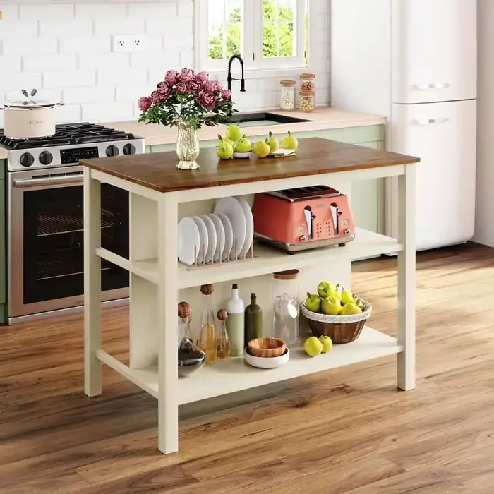 White Solid Rubber Wood Top 45 in. Kitchen Island with 2 Dining Stools and Open Shelves