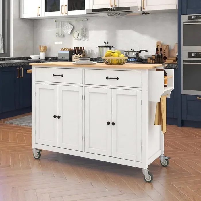 White Solid Wood 54.3 in. W Kitchen Island with 2 Drawers and 4 Door Cabinet