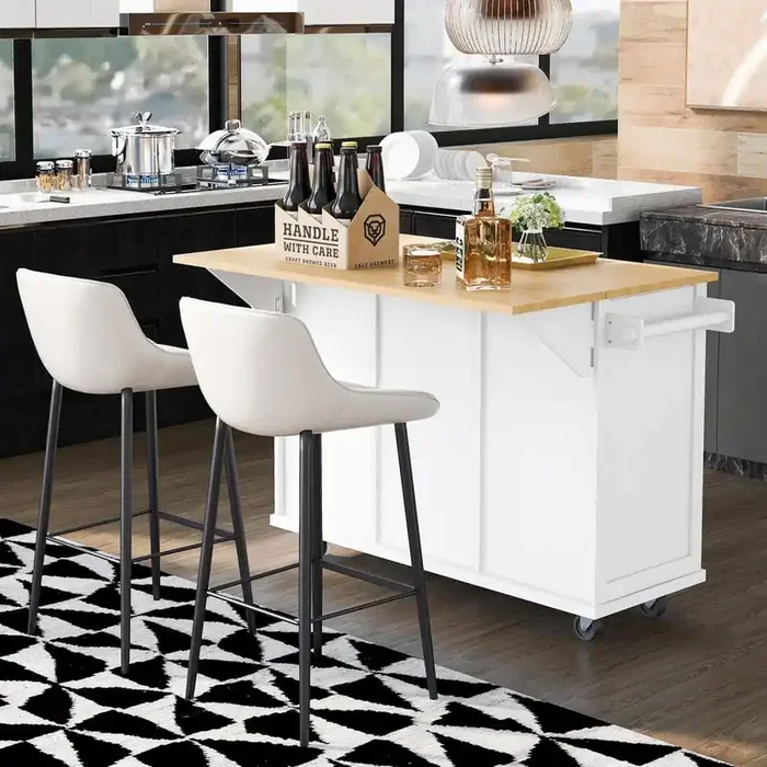 White Solid Wood Desktop 53 in. W Kitchen Island on 5 Wheels with Adjustable Shelves and 3 Drawers
