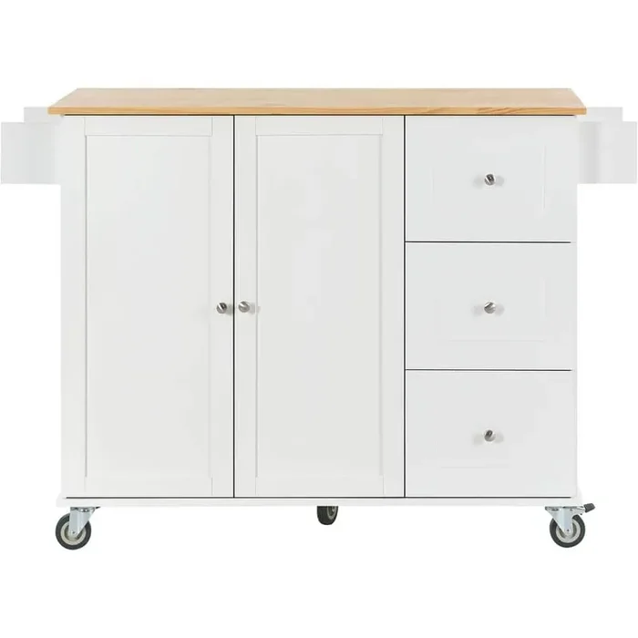 White Solid Wood MDF Kitchen Cart with Drop-Leaf Countertop and Locking Wheels