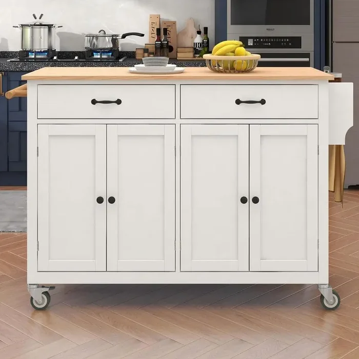 White Solid Wood Top 54.3 in. Kitchen Island with 4 Door Cabinet and 2 Drawers