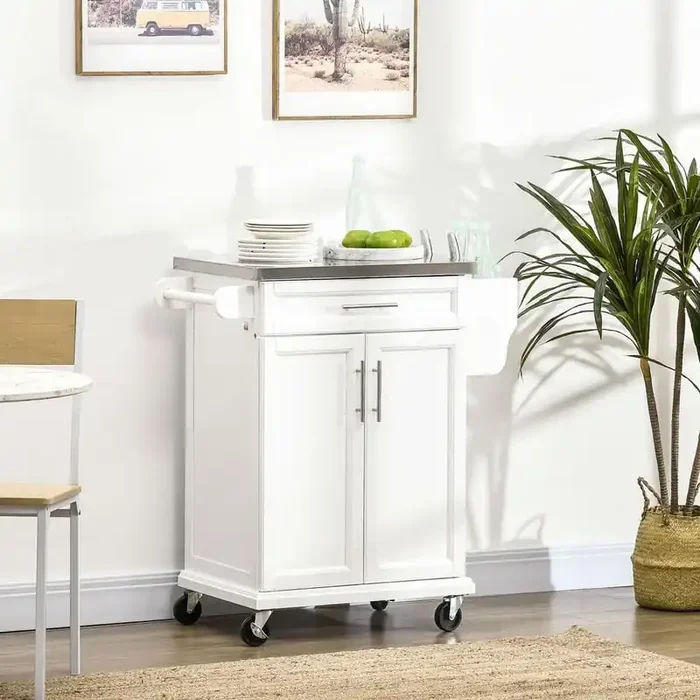 White Stainless Steel Top 33 in. Kitchen Island Cart with Utility Storage, Drawers, Spice Rack, Towel Rack, and 4 Wheels