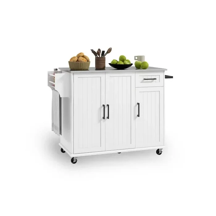 White Steel 50.5 in. Kitchen Island with Drawer and and Towel Rack