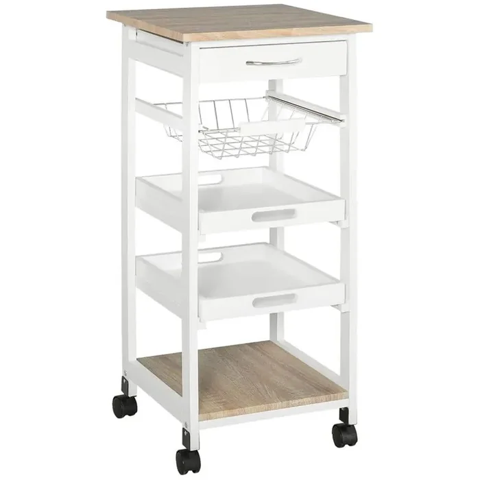 White Wood 14.5 in. Kitchen Cart with Fruit Baskets, Trays and Drawer