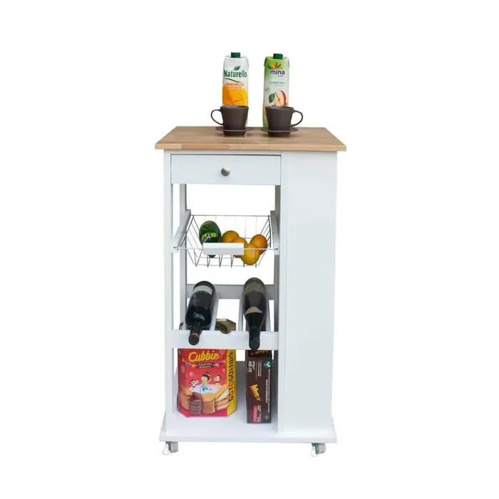 White Wood 20 in. Mobile Kitchen Island with Two Lockable Wheels and drawers, Rubber Wood Top, Simple Design