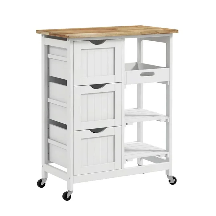 White Wood 26.5 in. Kitchen Island Cart Rolling Serving Cart with 3-Drawers, Removeable Tray and Stoarge Shelves