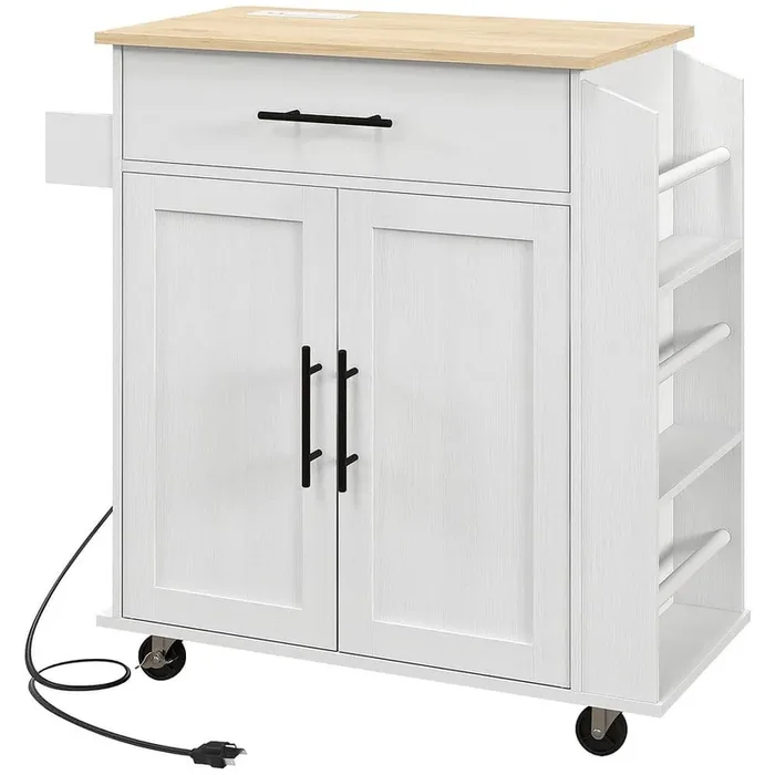 White Wood 30 in. W Kitchen Island Microwave Stand with AC Outlets, USB Ports, Towel Rack and 3-Tier Spice Rack