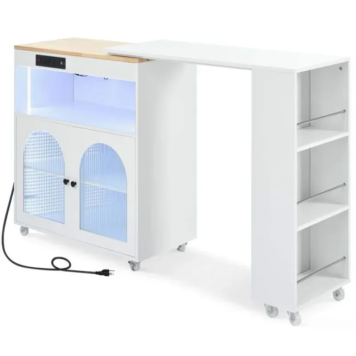 White Wood 33.2 in. Kitchen Island on Wheels with LED Lights, Power Outlets and 2-Fluted Glass Doors