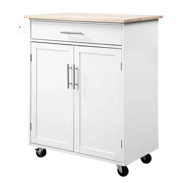 White Wood 33 in. Kitchen Island Rolling Cart with Drawers, Storage Cabinet, Adjustable Shelf and Towel Rack
