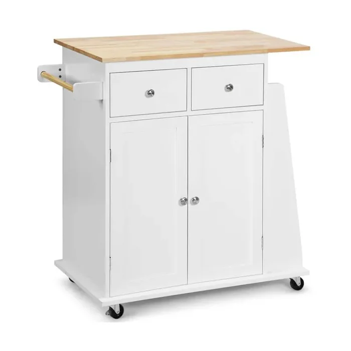 White Wood 34.5 in Rolling Kitchen Island Cart with 2-Door Storage Cabinet and Towel Rack