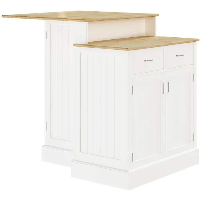 White Wood 38.5 in. Kitchen Island with 2-Level Rubber Wood Tabletop, Adjustable Shelves and Drawers