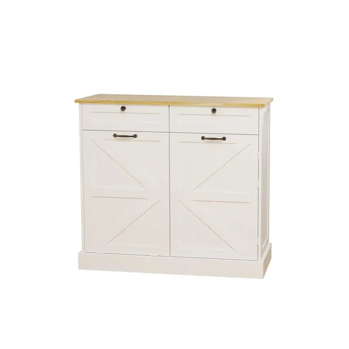 White Wood 39.37 in. W Kitchen Island Trash Can Storage Cabinet with 2-Drawers and 1-Tilt Out Trash Cabinet