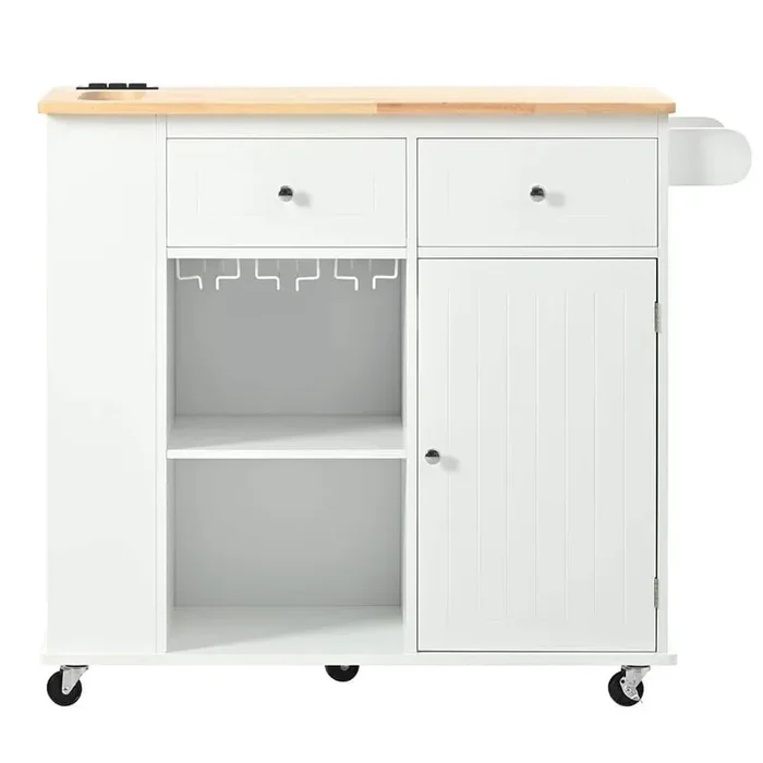 White Wood 40 in. Kitchen Island with Power Outlet, Drop Leaf, 5 Wheels,Drawers,Storage and Wine Rack for Home, Kitchen