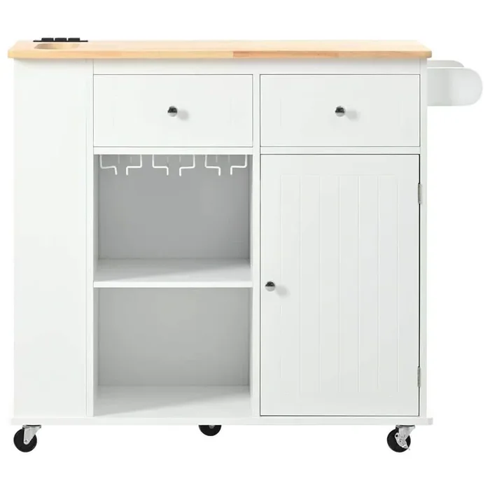White Wood 40 in. Kitchen Island with Side Storage Shelves, Rubber Wood Top, Adjustable Storage Shelves, 5-Wheels