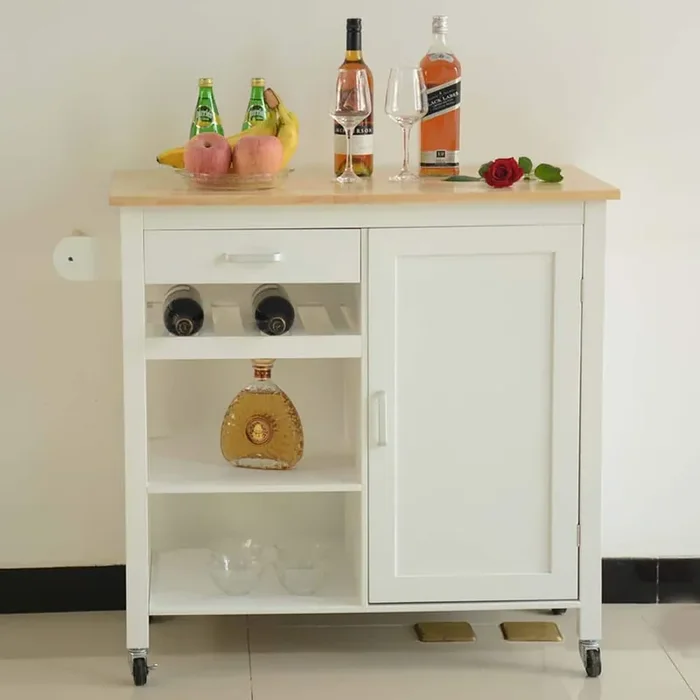 White Wood 40 in. Mobile Kitchen Island with 4 Wheels and drawers, Rubber Wood Top, Simple Design