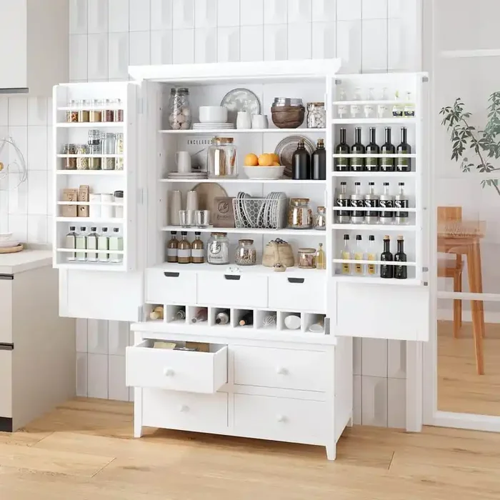 White Wood 41.3 in. W Pantry Cabinet Tall Cupboard Storage Cabinet with Adjustable Shelves and Drawer