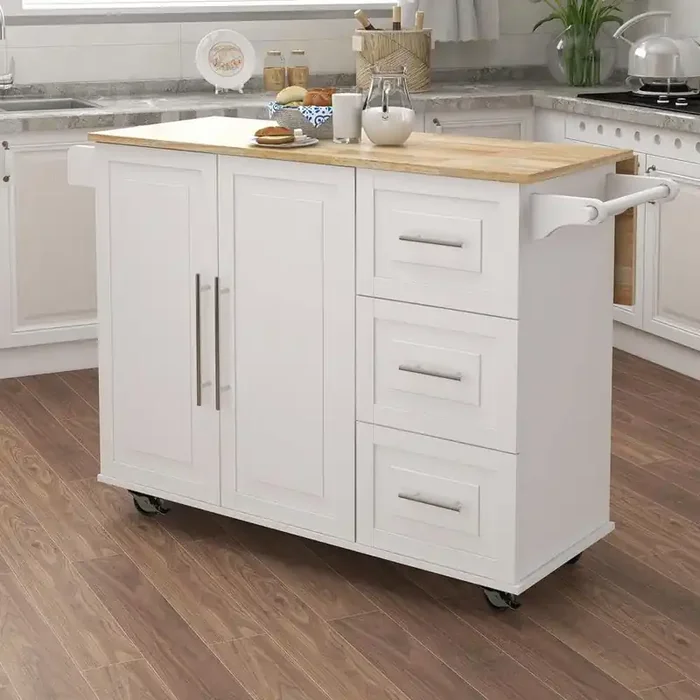 White Wood 43.7 in. Kitchen Island with Spice Rack Towel Rack for Living Room Kitchen