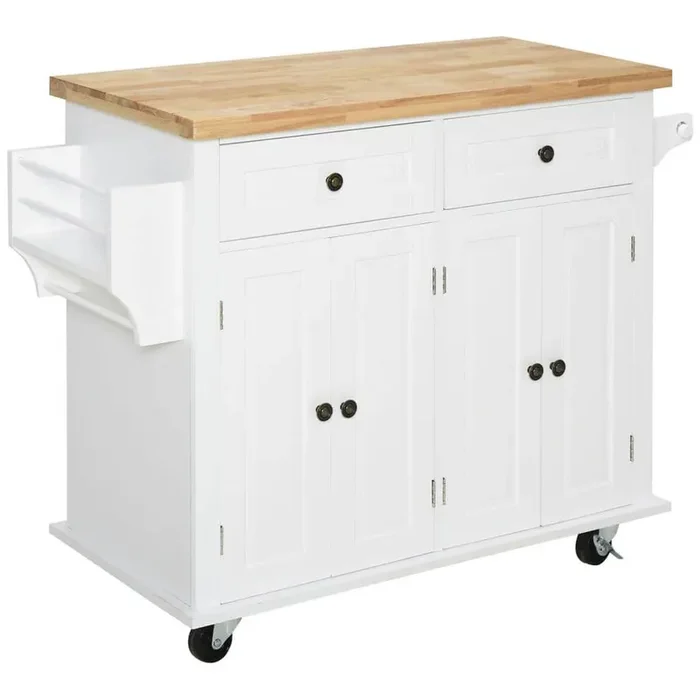 White Wood 43.75 in. Kitchen Island with Rubberwood Top, Spice Rack, Towel Rack and Drawers