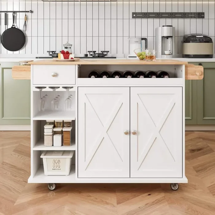 White Wood 44 in. Kitchen Island Kitchen Cart with Drop Leaf, Wine Rack, Drawers, Adjustable Shelf