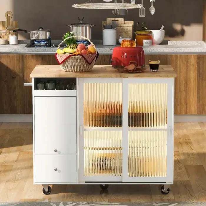 White Wood 44 in. LED Light Kitchen Island with 2 Fluted Glass Doors and 2 Drawers for Kitchen, Living Room