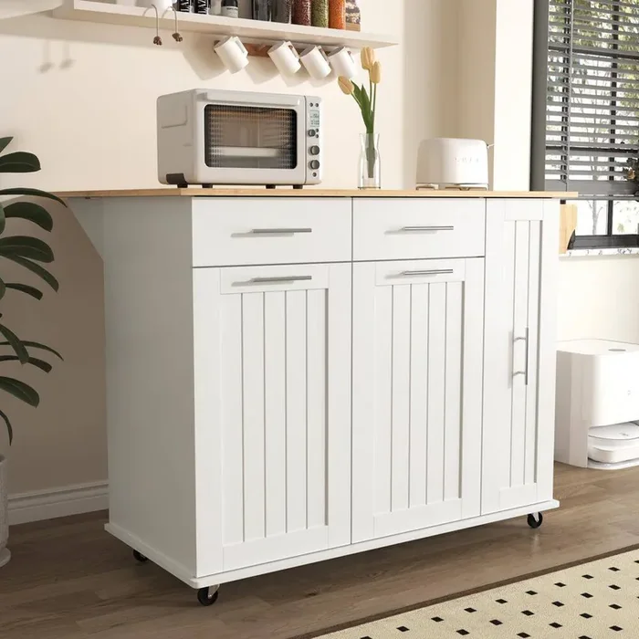 White Wood 46 in. Kitchen Island with 3 Tier Pull Out Cabinet Organizer, Storage Rack and 2-Drawers for Kitchen Room