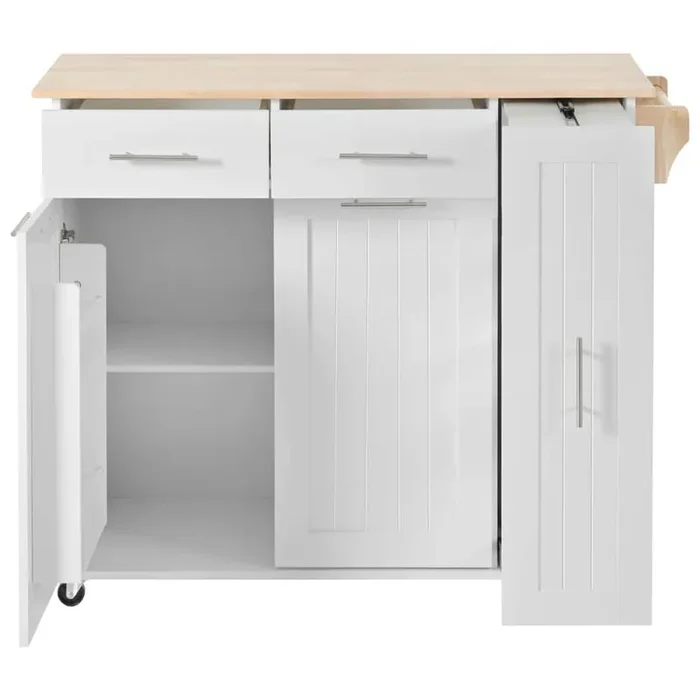 White Wood 46 in. Kitchen Island with 5 Wheels, 3 Tier Pull Out Cabinet Organizer, Internal Storage Rack