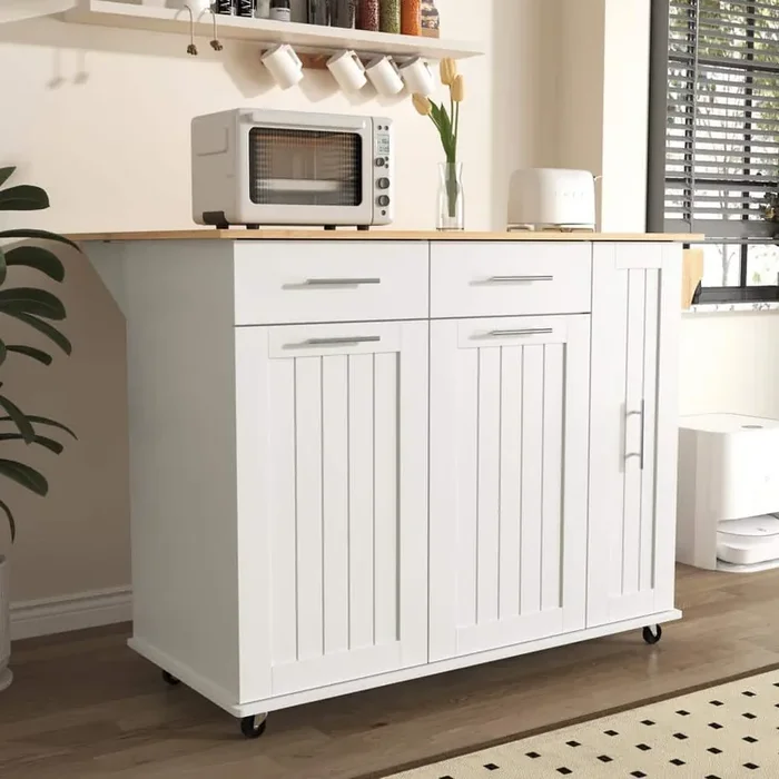 White Wood 46 in. Kitchen Island with Drop Leaf and 3 Tier Pull Out Cabinet Organizer, Kitchen Cart with Towel Rack