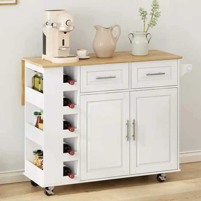 White Wood 46 in. Kitchen Island with Drop Leaf, Wine Rack, 2 Door Cabinet and 2 Drawers